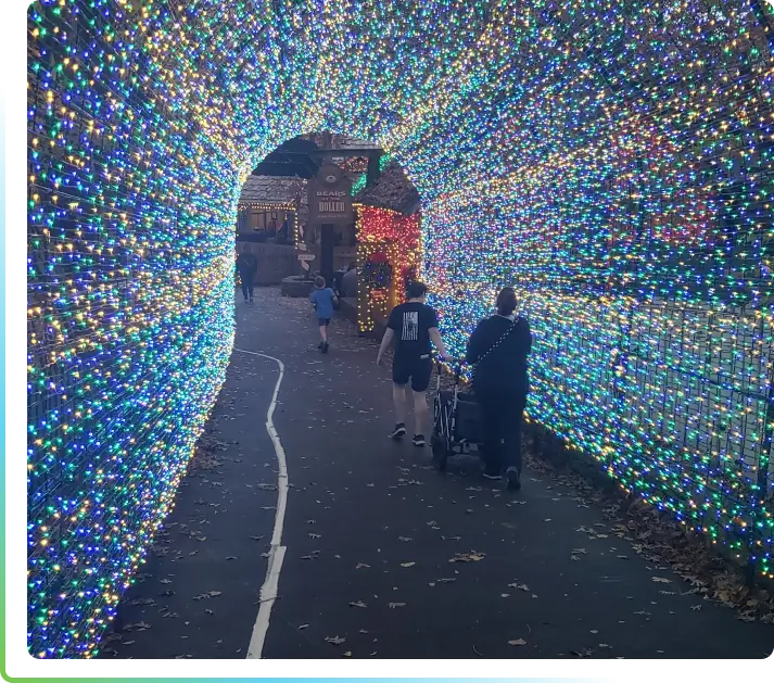 Family pushing stroller through illuminated light tunnel